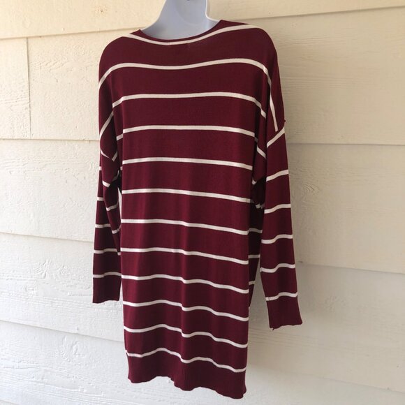 Women's Sweater Size M/L Lightweight Burgundy White Stripe 3/4 Sleeve Longline - Picture 15 of 15